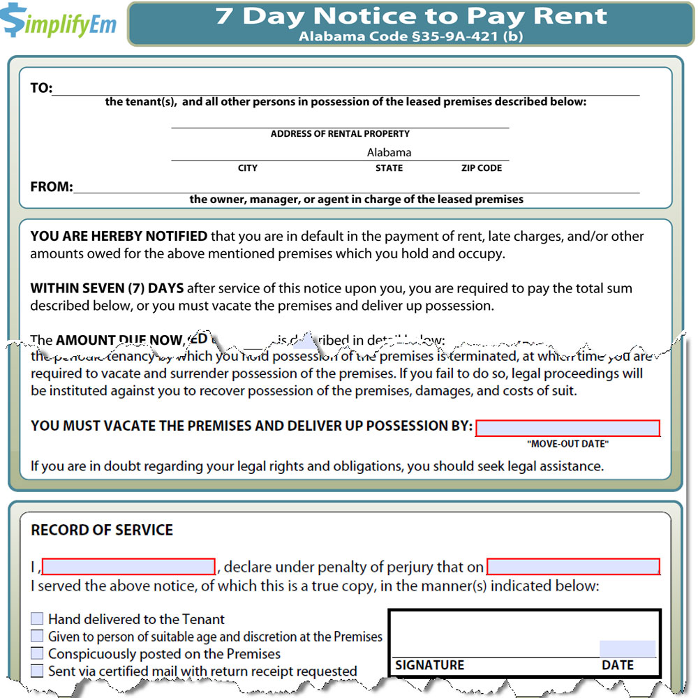 Alabama Notice to Pay Rent Form