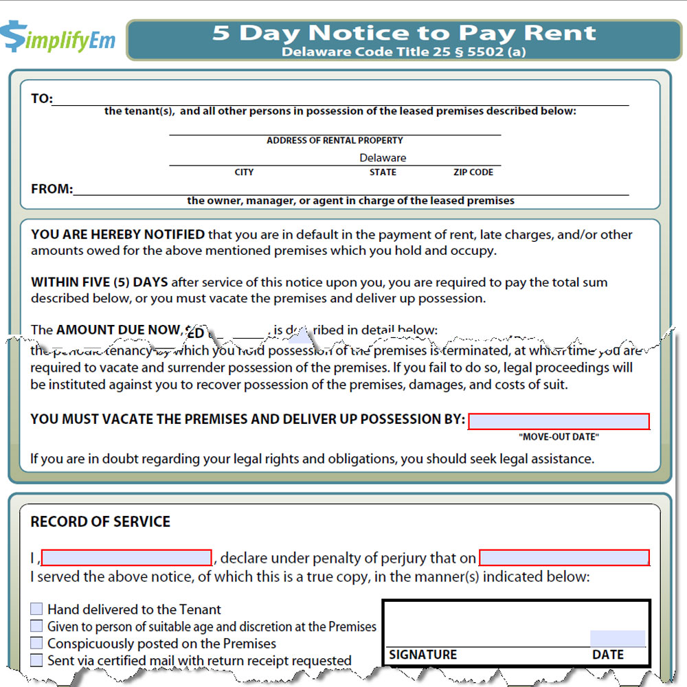 Delaware Notice to Pay Rent Form