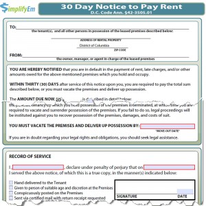 District of Columbia Notice to Pay Rent Form
