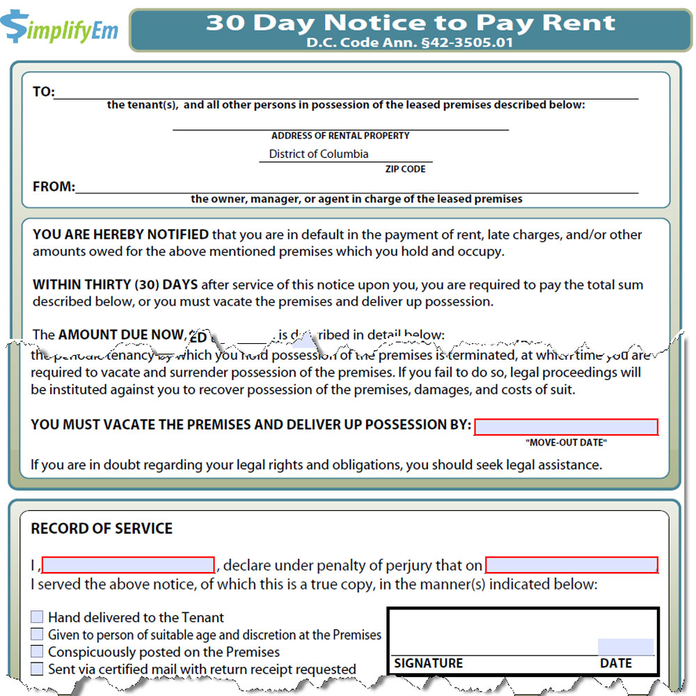 District of Columbia Notice to Pay Rent Form