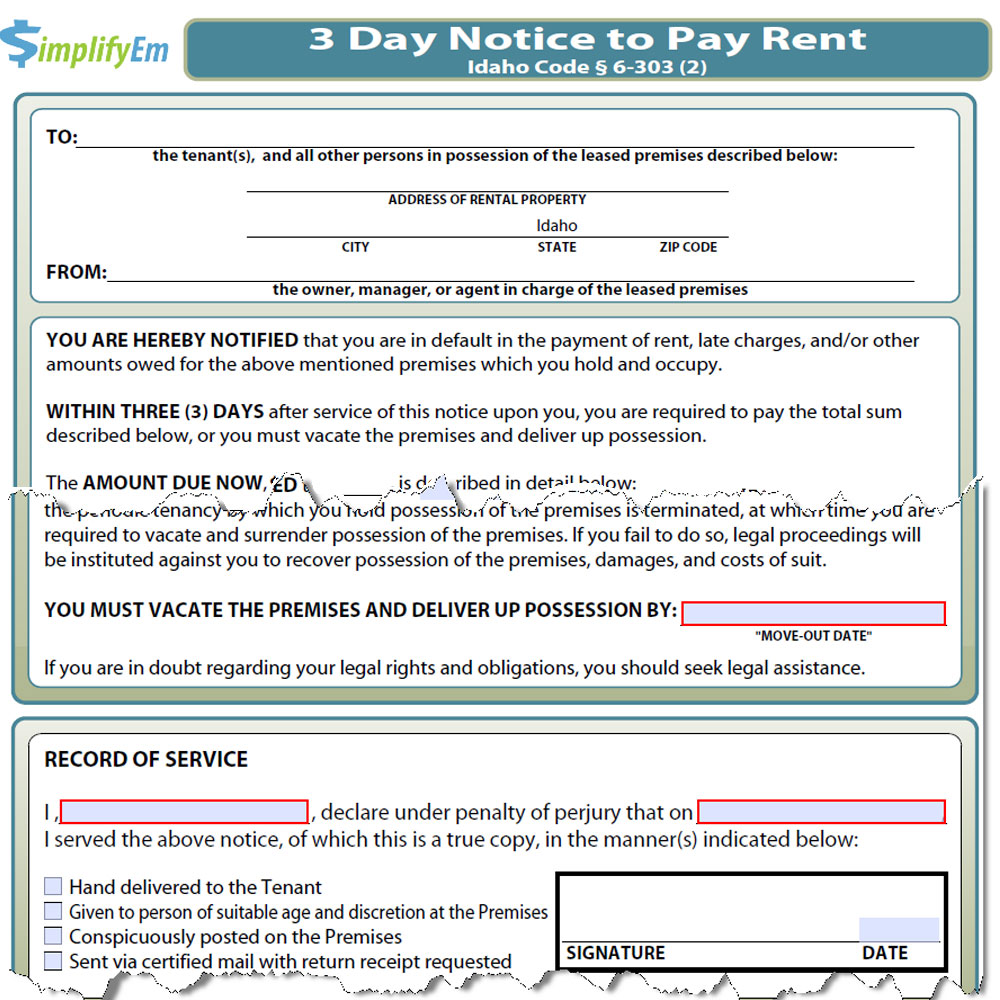 Idaho Notice to Pay Rent Form