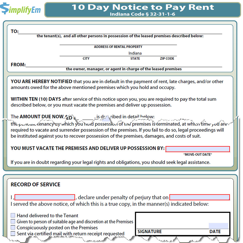 Indiana Notice to Pay Rent Form