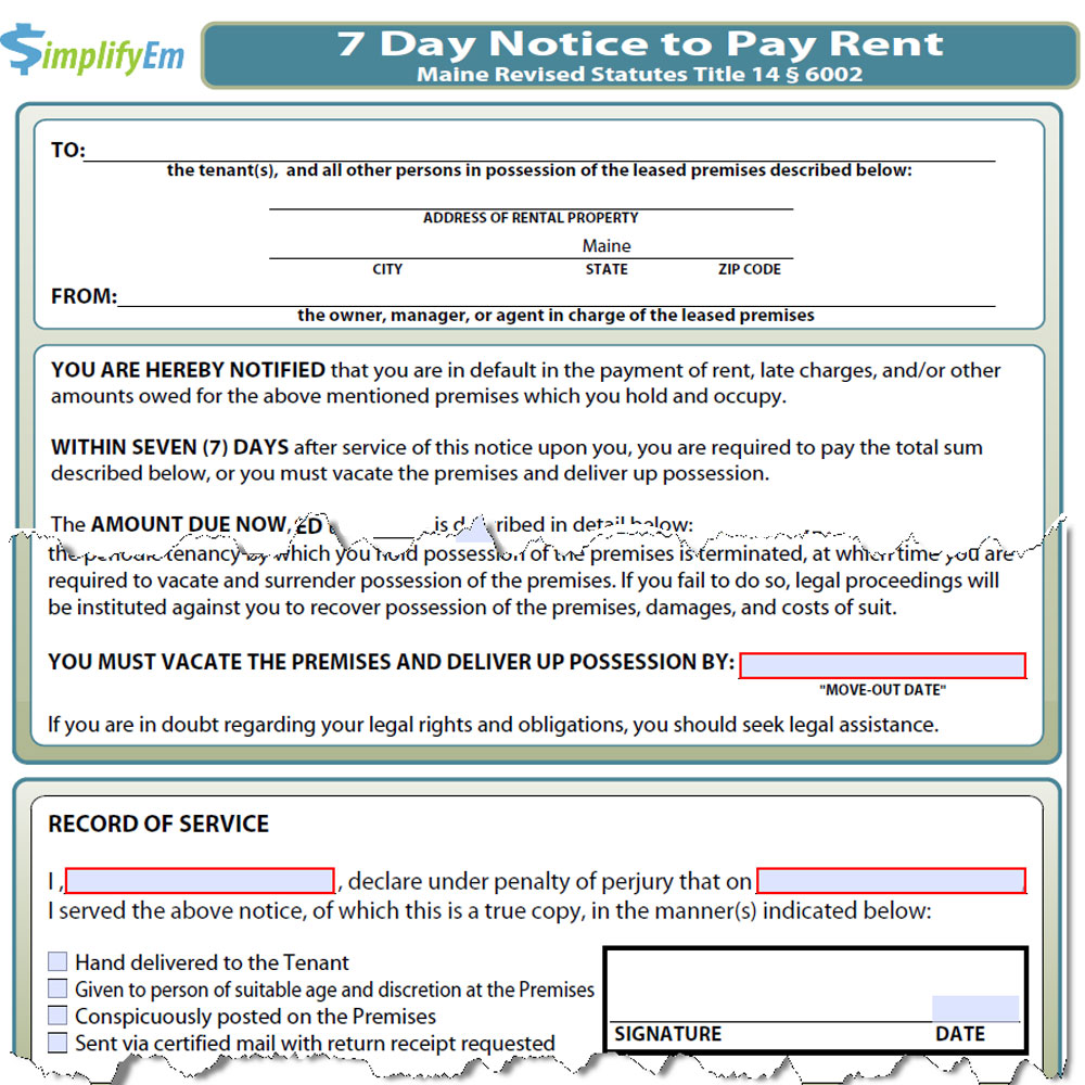 Maine Notice to Pay Rent Form