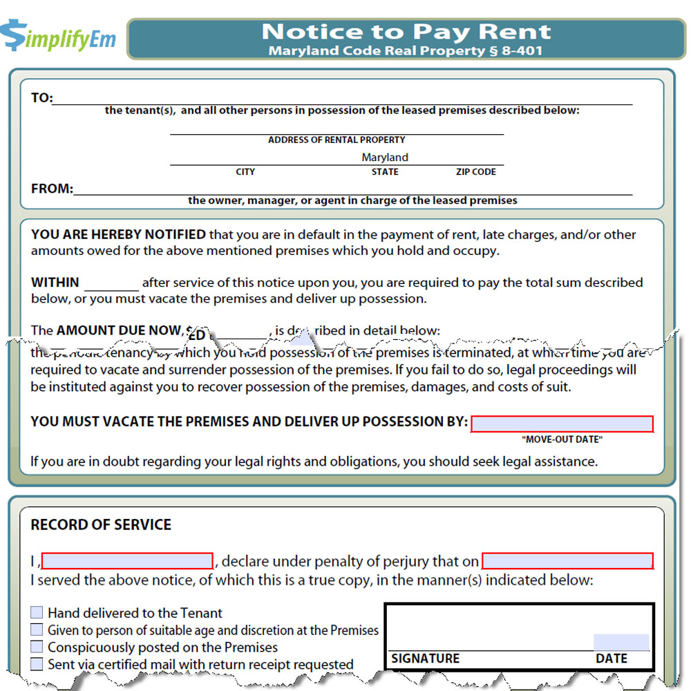 Maryland Notice to Pay Rent Form