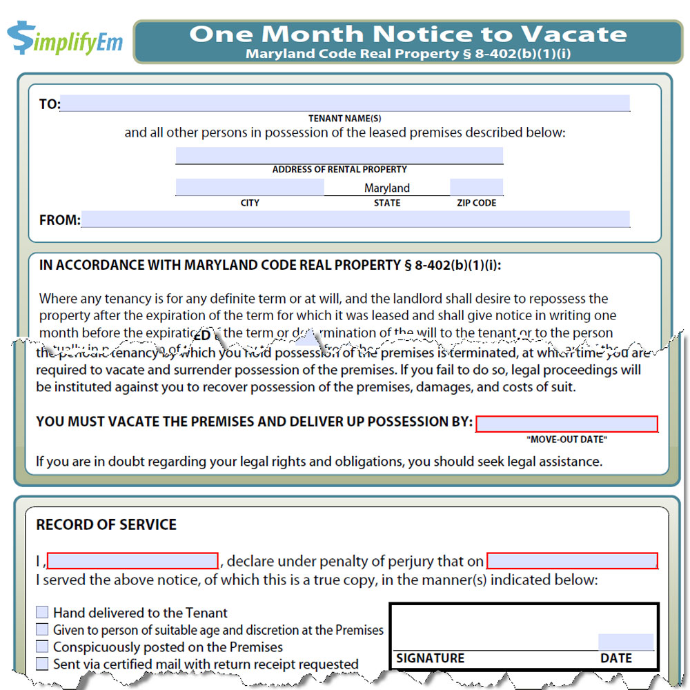Maryland Notice to Vacate  SimplifyEm.com