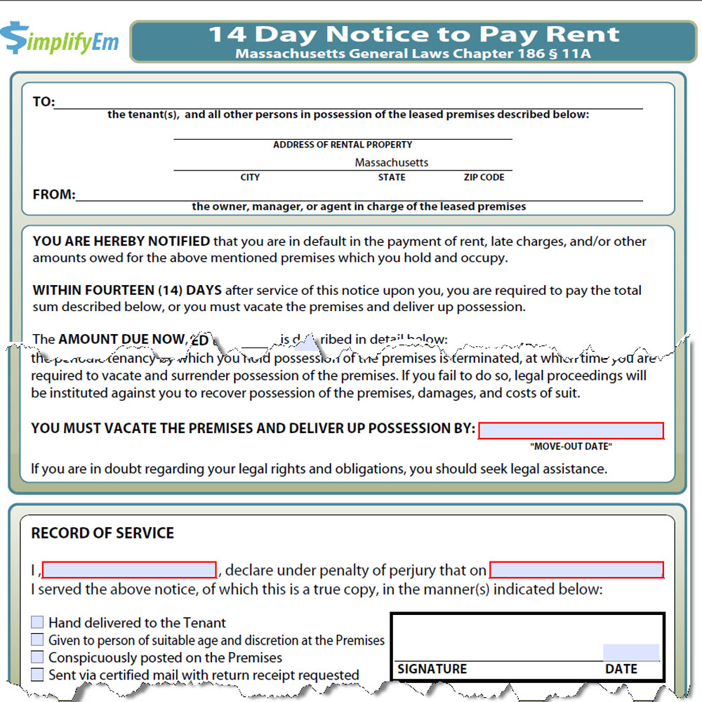 Massachusetts Notice to Pay Rent Form