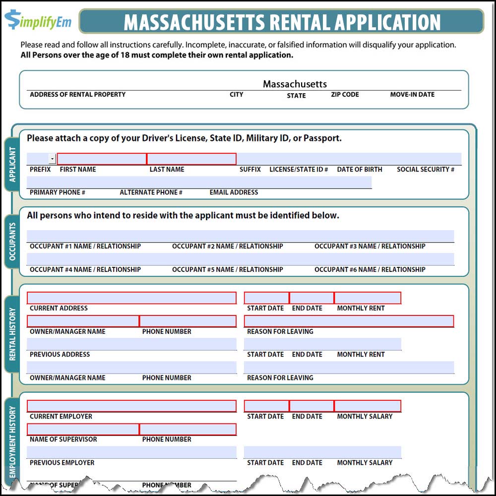 Massachusetts Rental Application Form