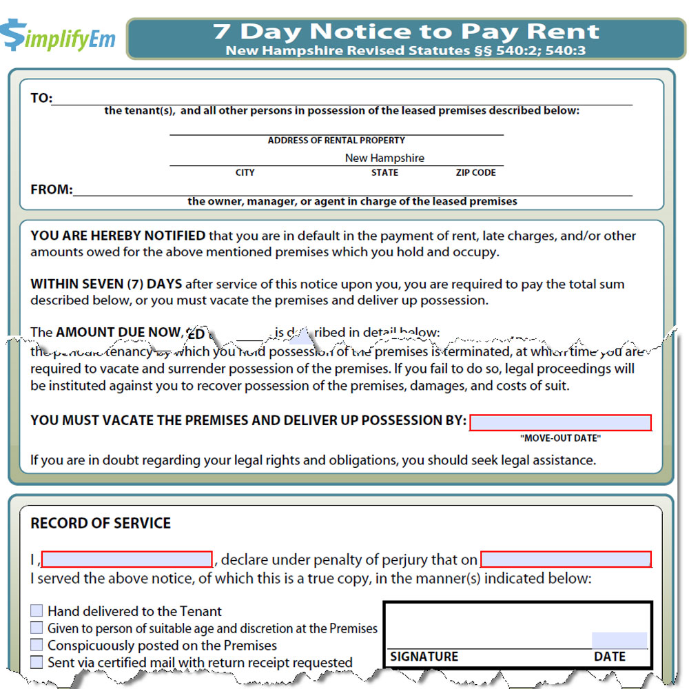 New Hampshire Notice to Pay Rent Form