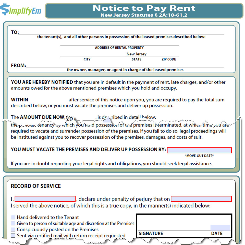 New Jersey Notice to Pay Rent Form