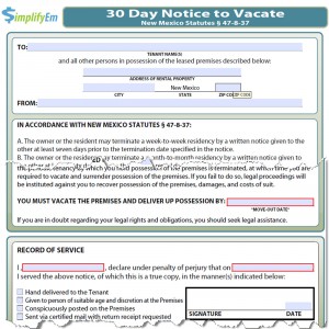 New Mexico Notice to Vacate Form