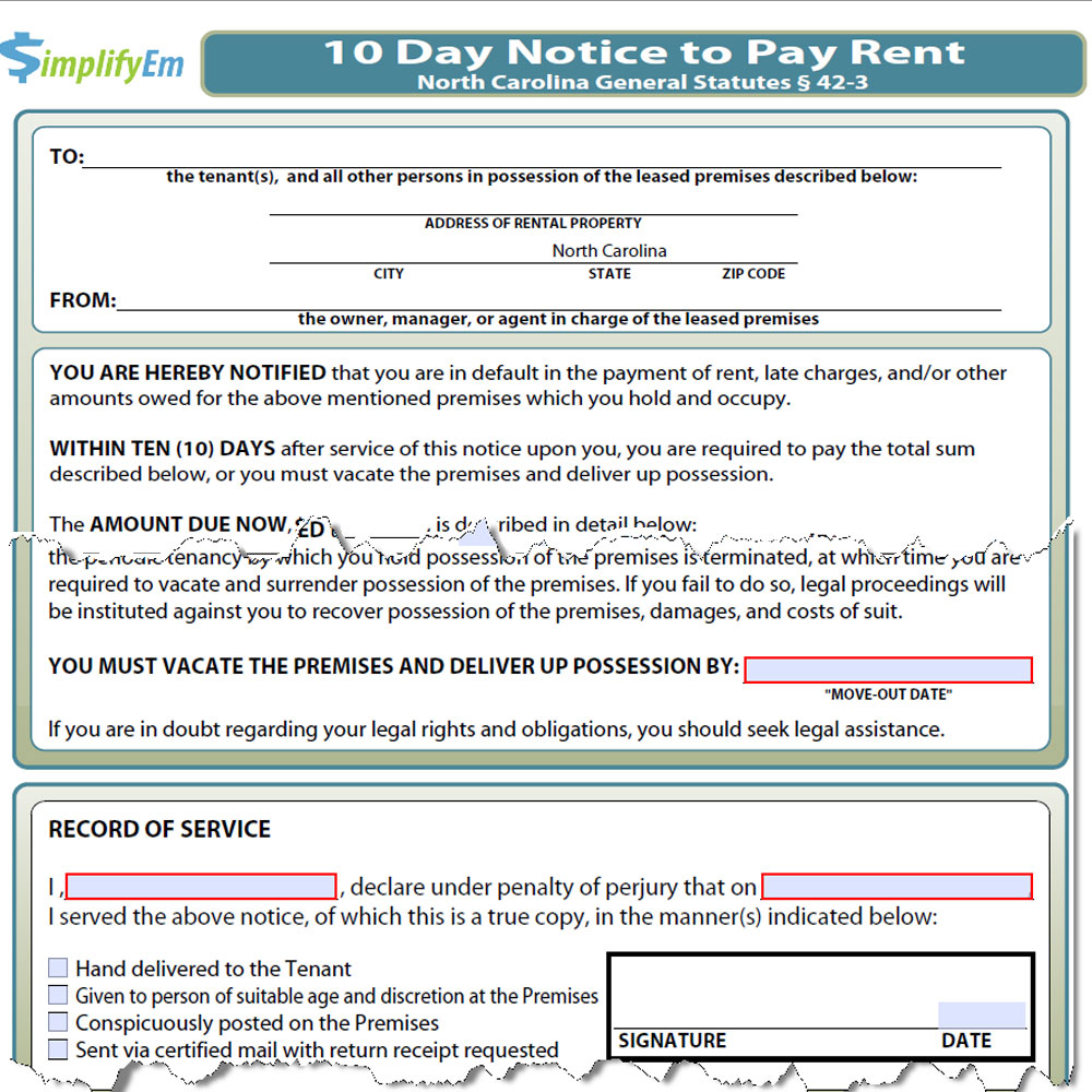 North Carolina Notice to Pay Rent Form