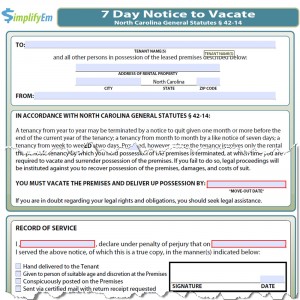 North Carolina Notice to Vacate Form
