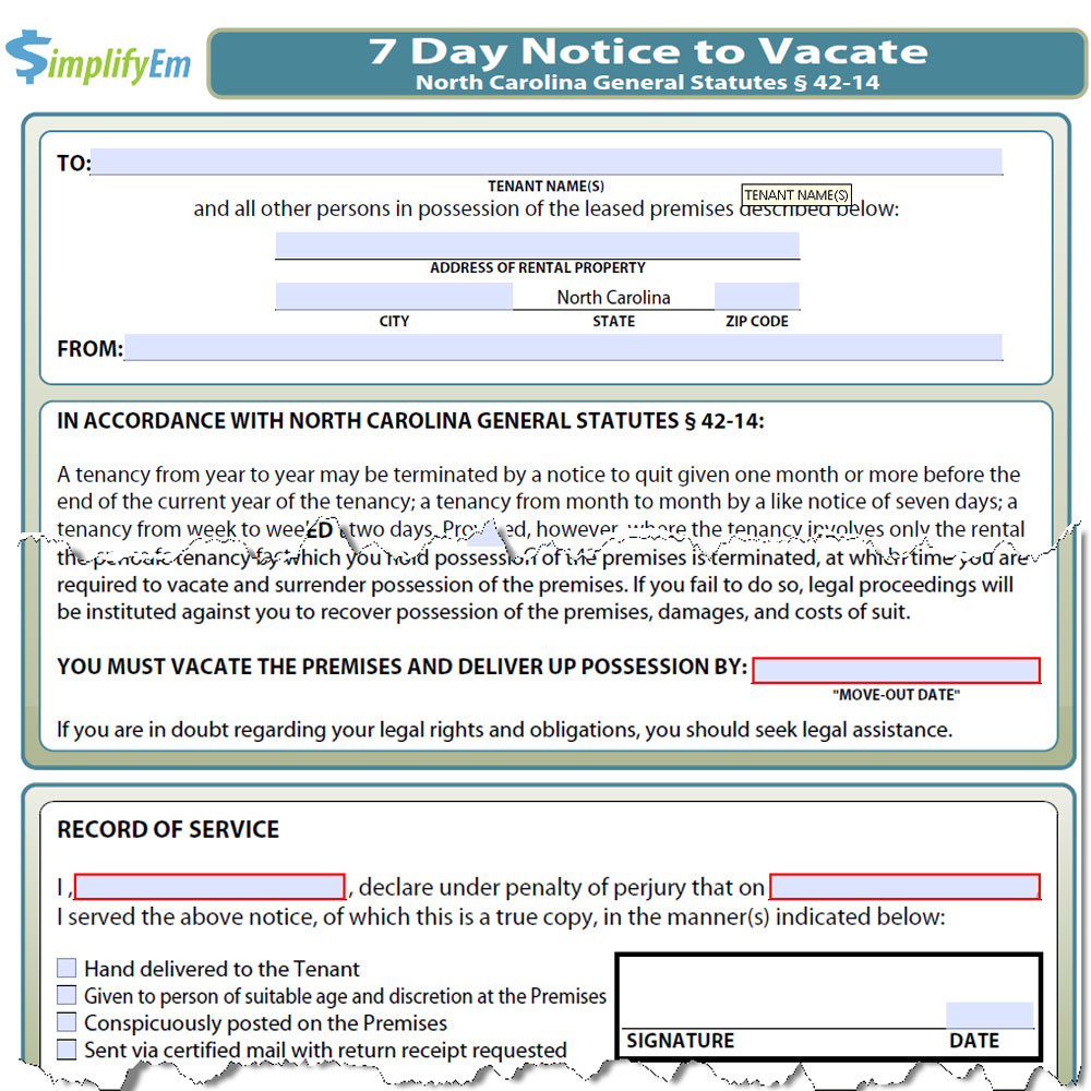 north carolina notice to vacate simplifyem com