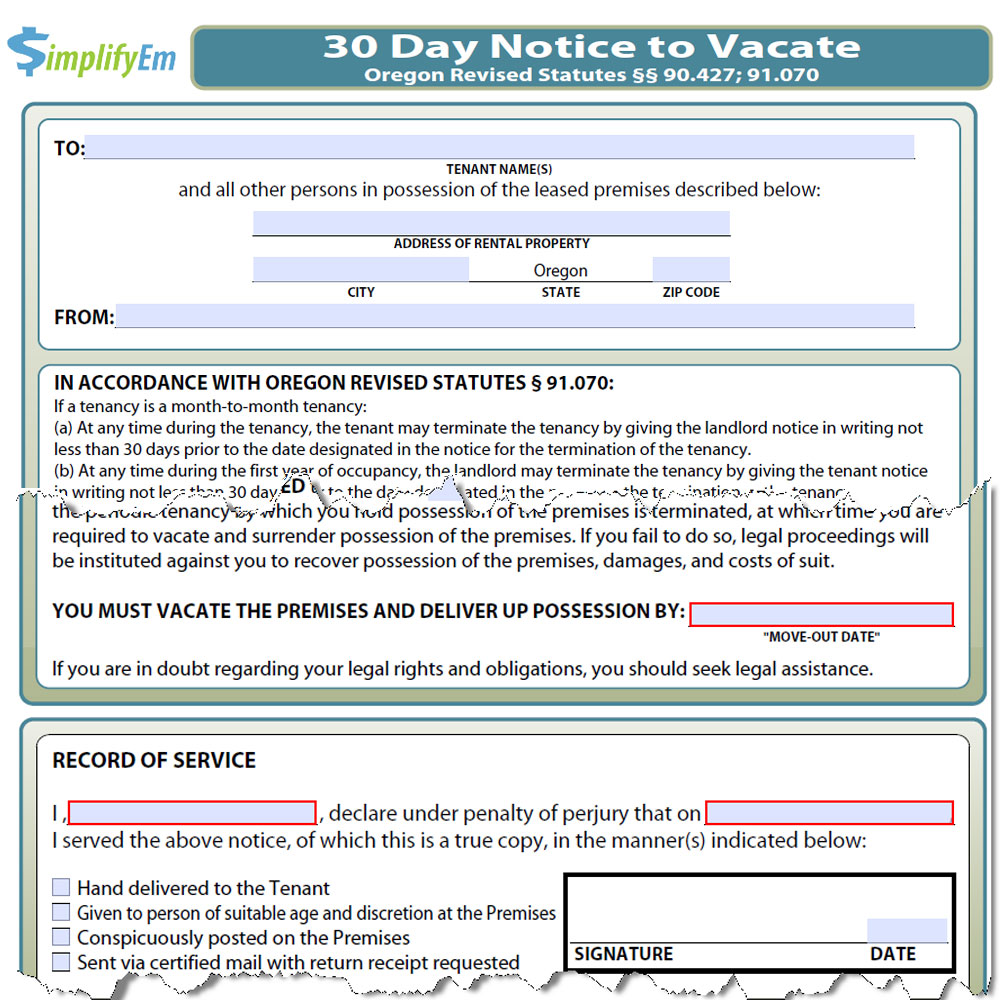 30 Day Notice Tenant To Landlord Oregon Template