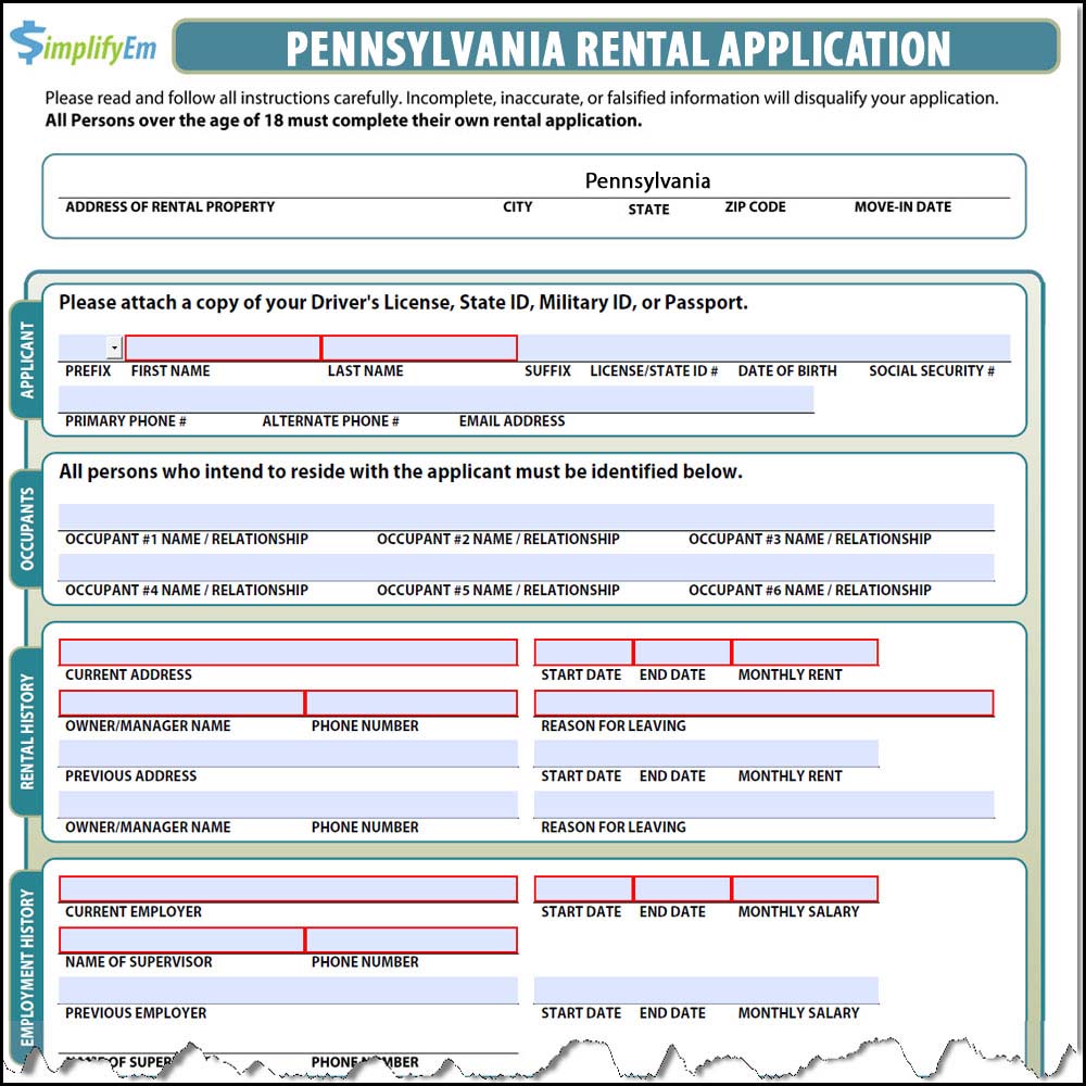 Pennsylvania Rental Application Simplifyem Com