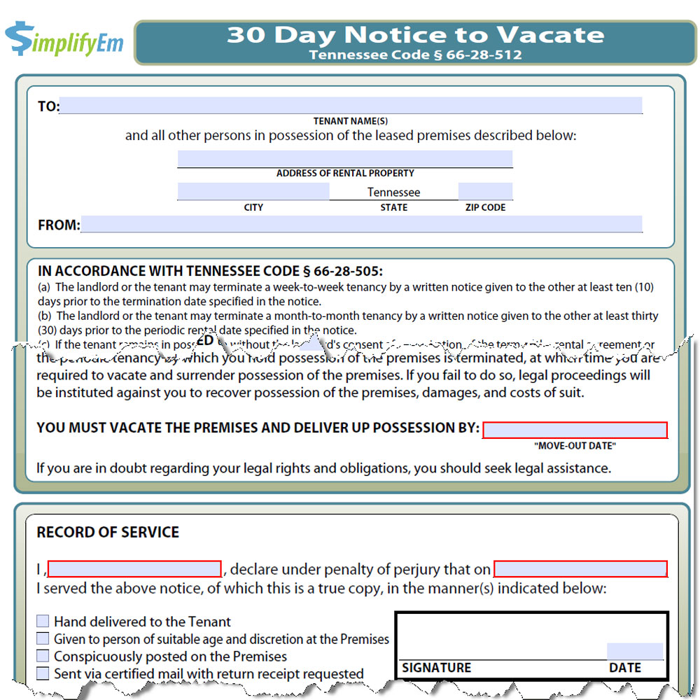 Tennessee Notice To Vacate Tennessee Notice To Vacate