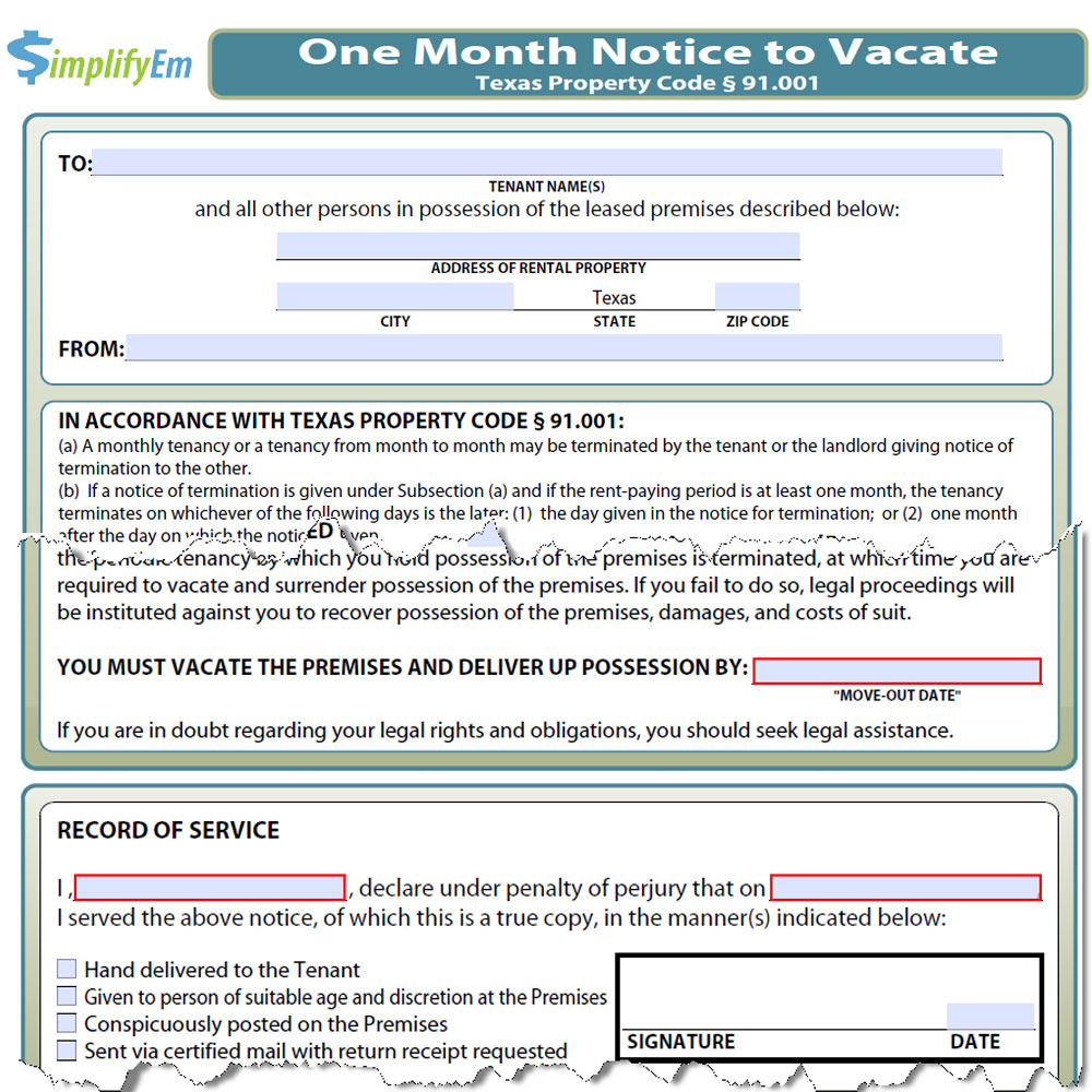 Texas Landlord Notice to Vacate