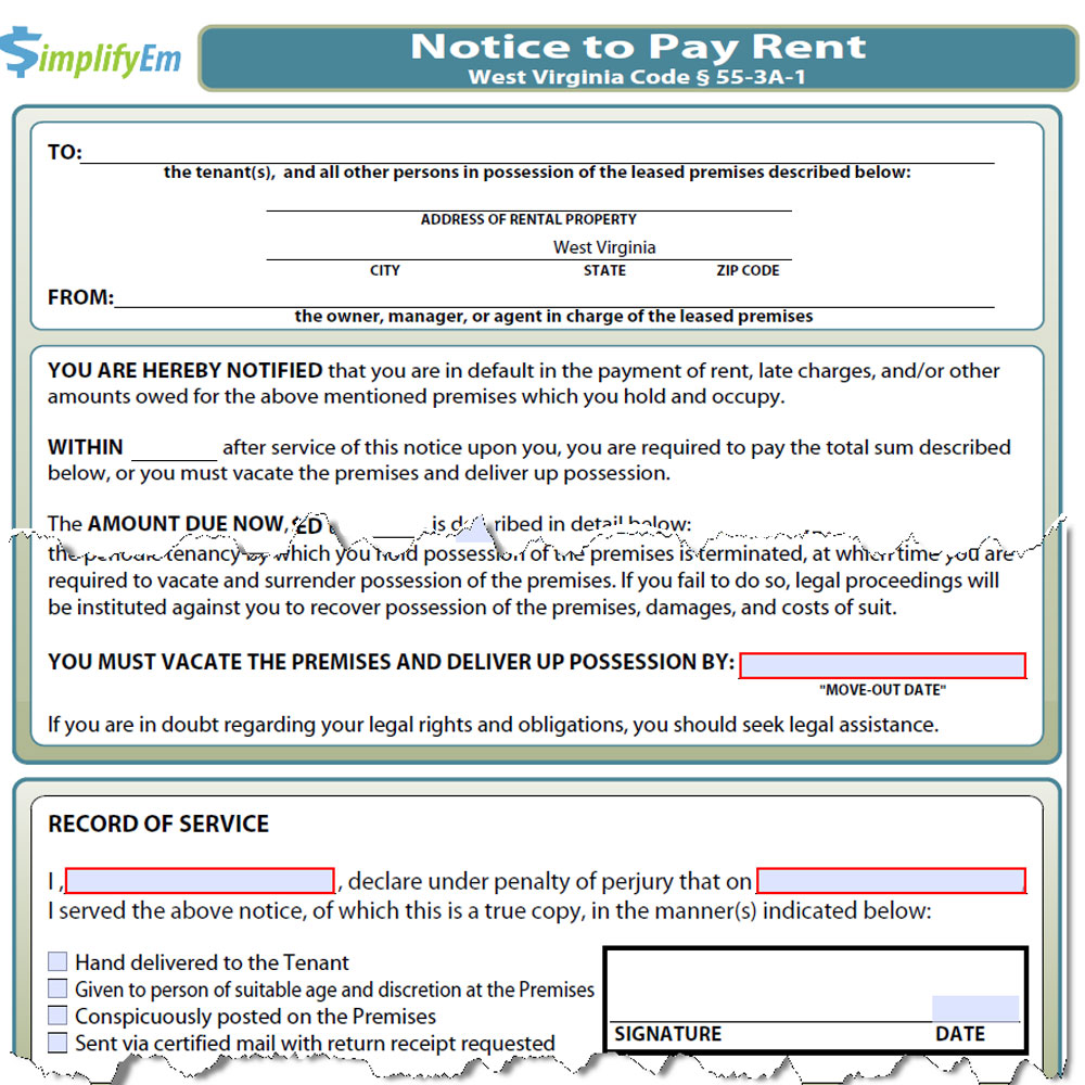 West Virginia Notice to Pay Rent Form