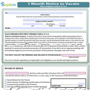 West Virginia Notice to Vacate Form