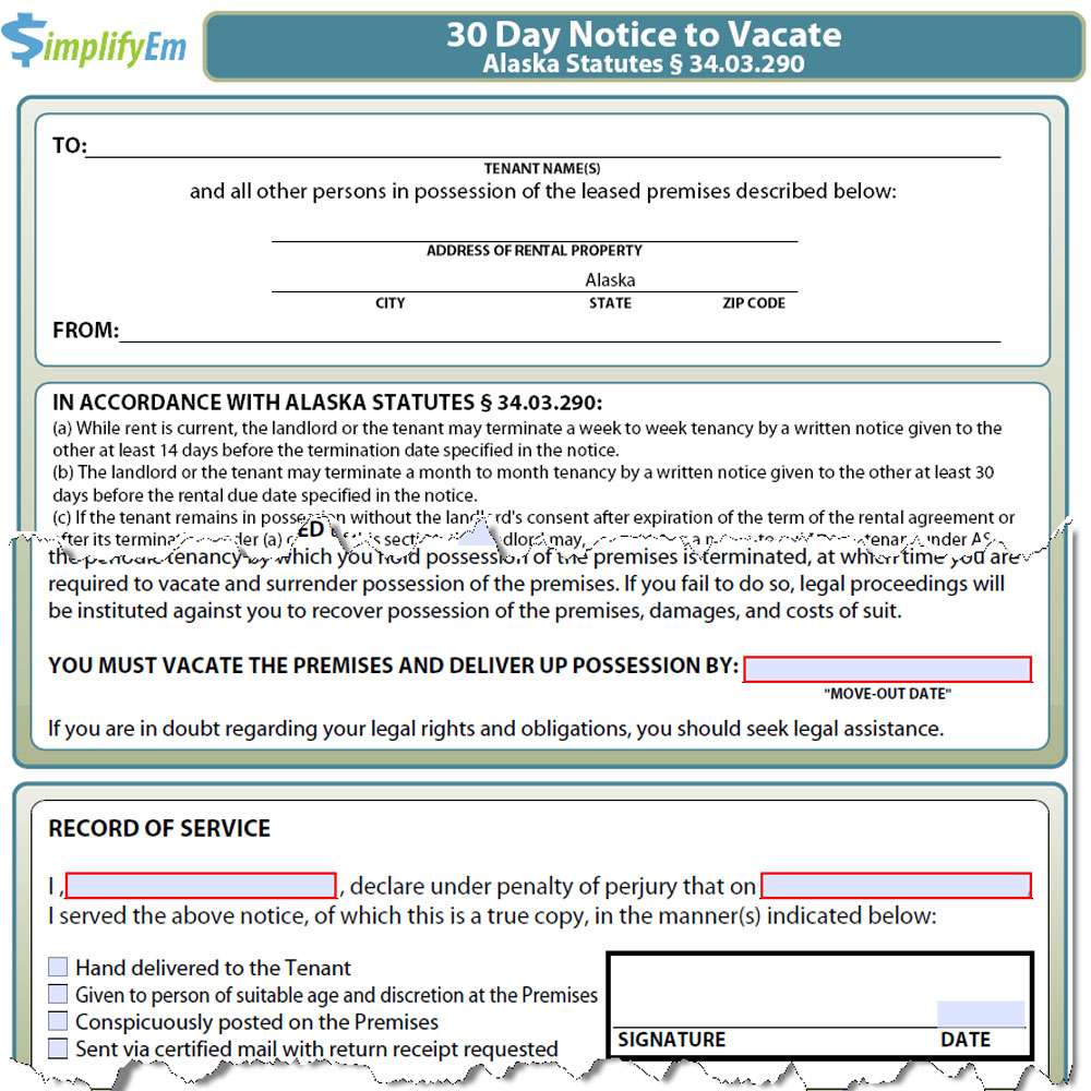 Alaska Notice to Vacate Form - SimplifyEm