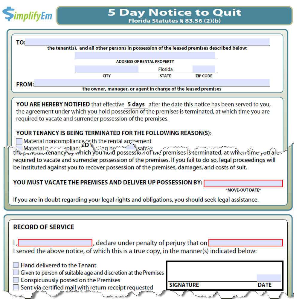 Free Florida Notice to Quit Form - SimplifyEm